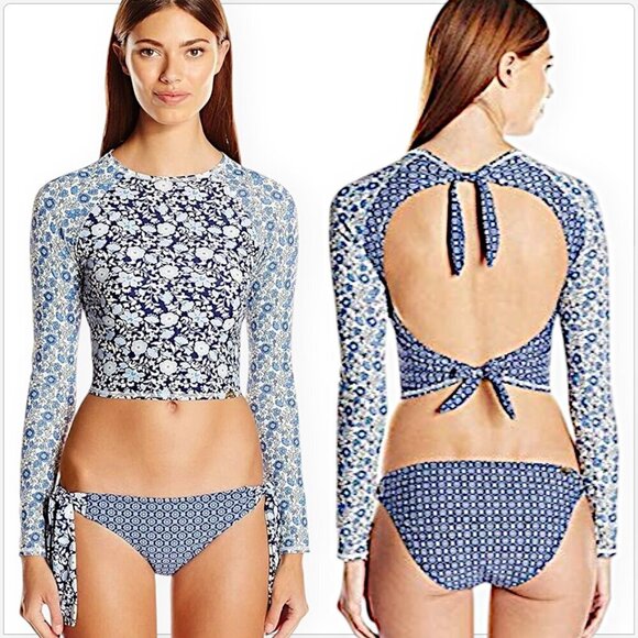 Jessica Simpson Patched Up Ditzy Rash Guard Open Back Knot Peri Multi NWT NEW S - Picture 1 of 6